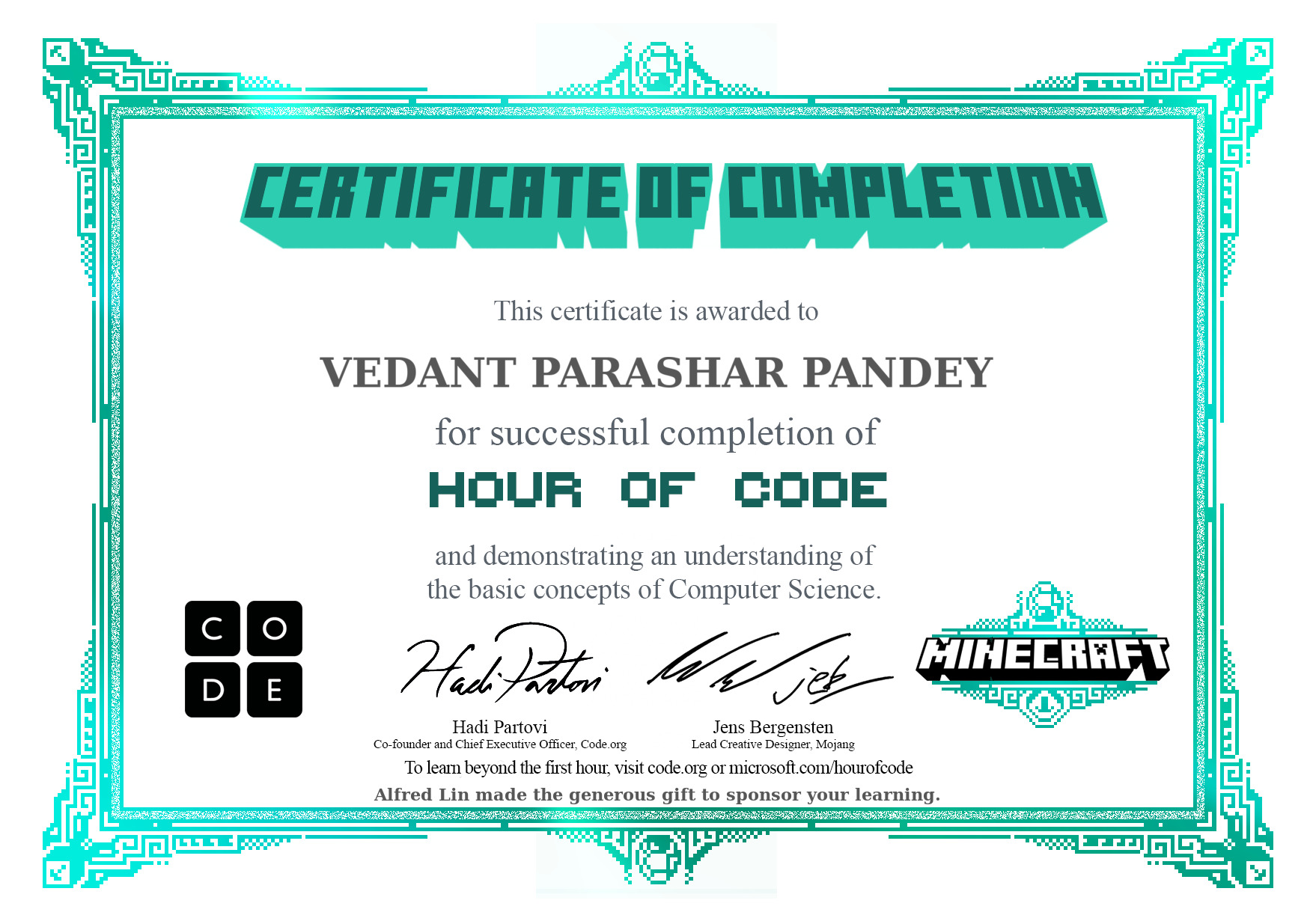 code.org certificate on programming to the youngest author vedant parashar