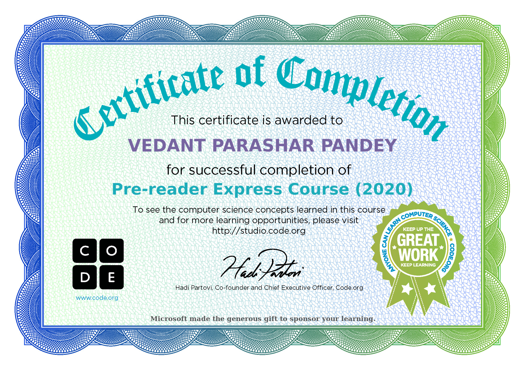code.org certificate on programming to the youngest author vedant parashar