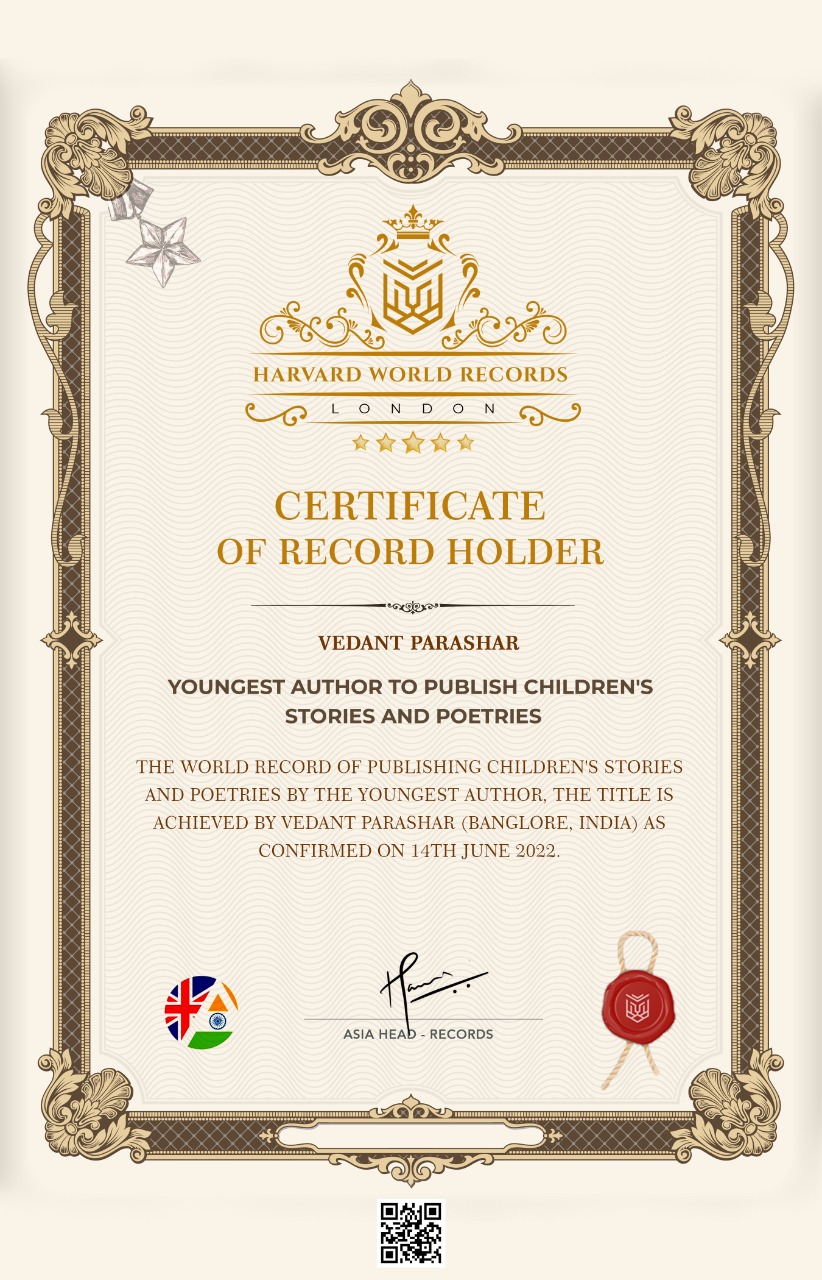 Harvard YOungest Author records to Award winning youngest global record holder author vedant parashar